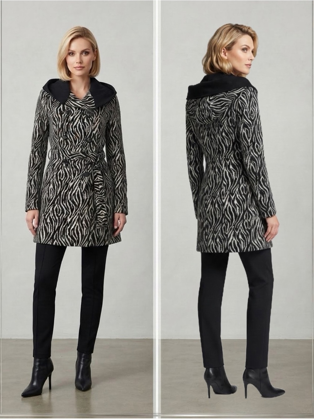 ⁠NWT Women's Black White Zebra Print Hooded Coat Belted Double Breasted